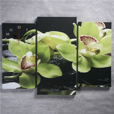 Часы настенные модульные «Зелёные орхидеи на камнях», 60 × 80 см