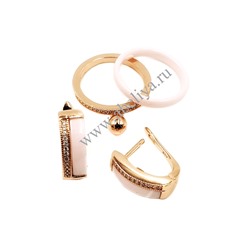 Набор серьги с кольцом керамика розовая позолоченный