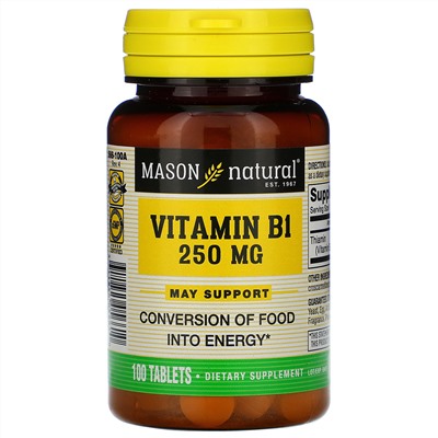 Mason Natural, Витамин B-1, 250 мг, 100 таблеток