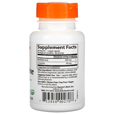 Doctor's Best, Бенфотиамин с BenfoPure, 300 мг, 60 растительных капсул