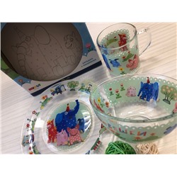 Набор детской посуды "Деревяшки" 3 предмета, стекло (тарелка 20см, салатник 13см, кружка 200мл)