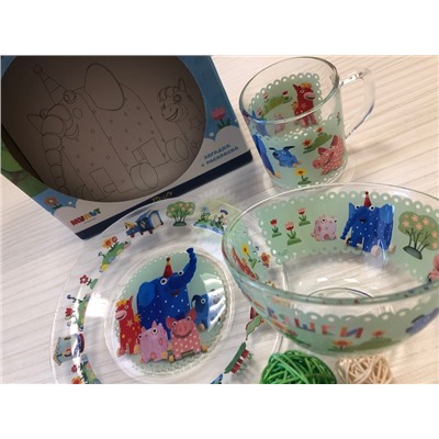 Набор детской посуды "Деревяшки" 3 предмета, стекло (тарелка 20см, салатник 13см, кружка 200мл)
