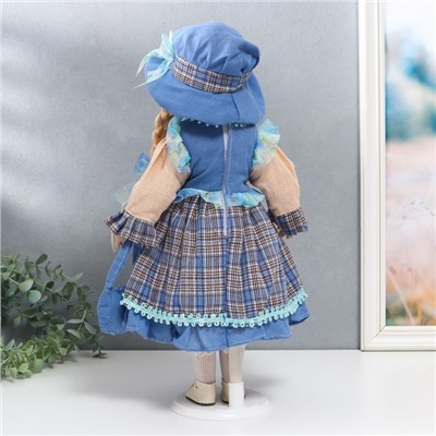 Кукла коллекционная керамика "Алиса с косичками, в бежево-голубом платье" 40 см