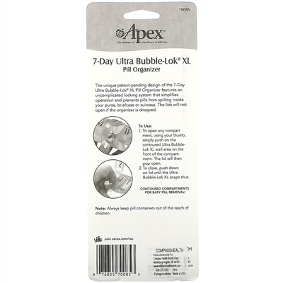 Apex, 7-дневный органайзер для таблеток Ultra Bubble-Lok, XL, 1 таблетница