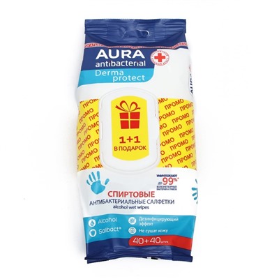 Влажные салфетки антибактериальные спиртовые AURA, 40 шт.