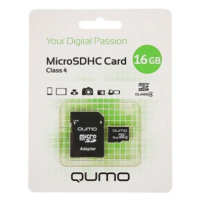 Карта памяти microSDHC Qumo 16 Гб class 4, с адаптером