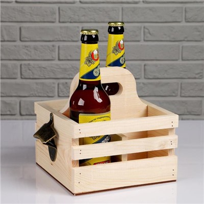 Ящик для пива 19×18×18.5 см  с открывашкой, под 4 бутылки, деревянный