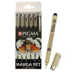 Ручка капиллярная, набор Sakura Pigma Micron Manga, разные типы, 6 штук (0.1, 0.3, 0.5, B, PG, м/к 0.7)