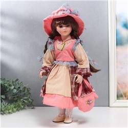 Кукла коллекционная керамика "Арина с косичками, в бежево-розовом платье" 40 см
