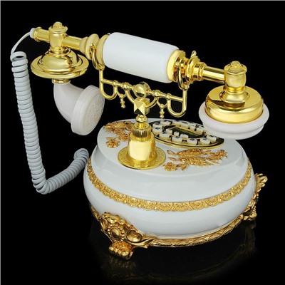 Телефон ретро полистоун, Круг с узором из лепнины Бабочка золото, белый 18*25см