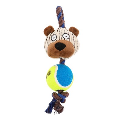 Игрушка для собак 3-в-1 "Медведь": канатная, мягкая с пищалкой, войлочный мяч, 30 см