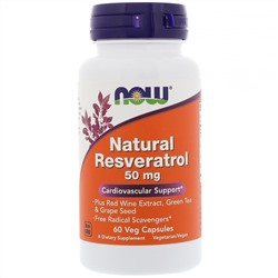 Now Foods, Натуральный ресвератрол, 50 мг, 60 растительных капсул