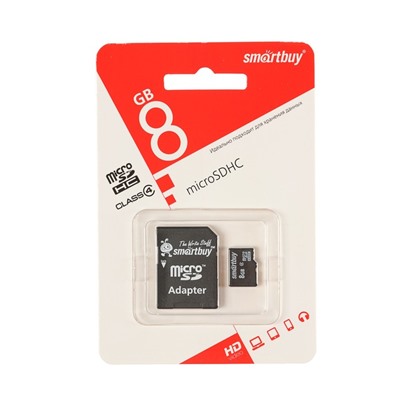 Карта памяти microSDHC Smartbuy 8GB, class 4 + адаптер SD