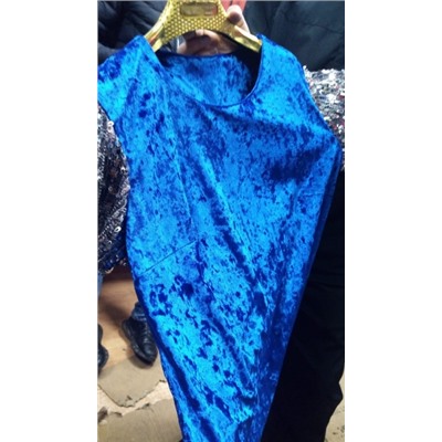Платье Size Plus велюр рукава пайетки синее UM29