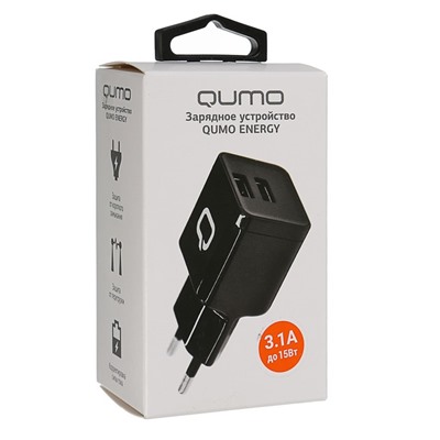 Сетевое зарядное устройство Qumo Energy, 2 USB, 3.1 А чёрое