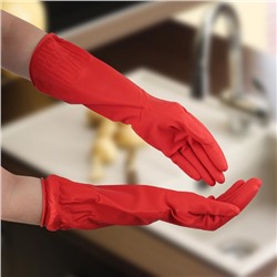 Перчатки хозяйственные резиновые Доляна, размер XL, длинные манжеты, 90 гр, цвет красный