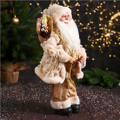 Дед Мороз "В пушистой шубе, колпачке, с подарком" 47 см, бело-золотой
