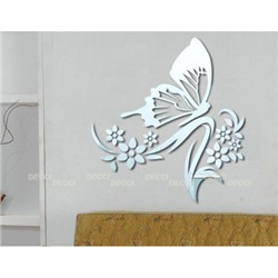 Наклейка на стену зеркальная Порхающая бабочка цвет серебро