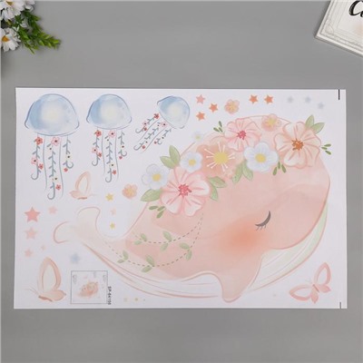 Наклейка пластик интерьерная цветная "Китёнок с цветами и медузы" 40х60 см