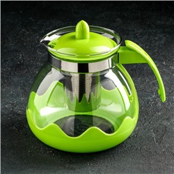 Чайник стеклянный заварочный Доляна «Волна», 1,5 л, с металлическим ситом, цвет зелёный