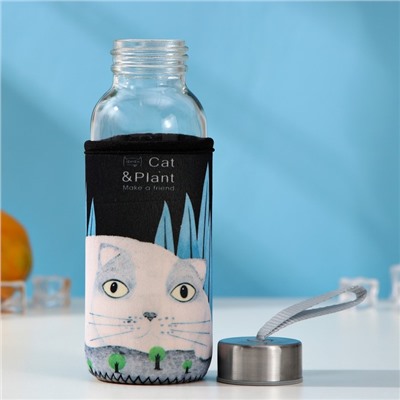 Бутылка для воды стеклянная «Хитрый котик», 300 мл, h=17 см, рисунок МИКС