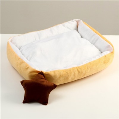 Лежанка мягкая  прямоугольная со съемной подушкой + игрушка звезда,  54 х 42 х 11 см, персик