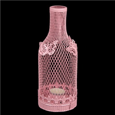 Подсвечник металл 1 свеча "Бутыль в сетку с бабочками" розовый 25х9х9 см