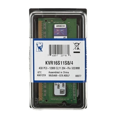 Память ОЗУ Kingston KVR16S11S8/4, DDR4, 4Gb,  SO-DIMM, PC-12800, 1600Mhz, Non-ECC, CL11