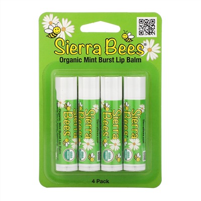 Sierra Bees, Органические бальзамы для губ, мятный взрыв, 4 штуки в упаковке весом 0,15 унции (4,25 г) каждая