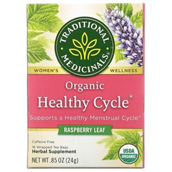 Traditional Medicinals, Organic Healthy Cycle, листья малины, без кофеина, 16 чайных пакетиков, 24 г (0,85 унции)