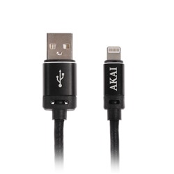 Кабель Akai, Lightning - USB, оплетка экокожа, 2.1 А, 1 м, черный