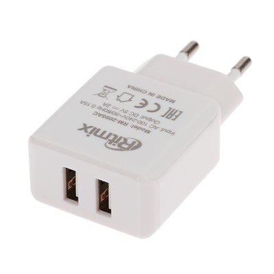 Сетевое зарядное устройство Ritmix RM-2095AC, 2 USB, 2.1/1 A, micro USB, 1 А, белое
