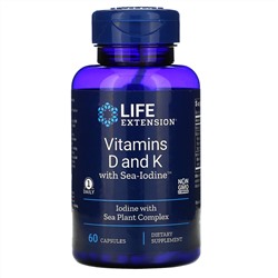 Life Extension, витамины D и К с Sea-Iodine, 125 мкг (5000 МЕ), 60 капсул