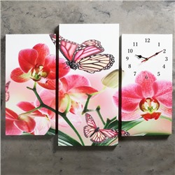 Часы настенные, модульные, серия: Цветы, "Бабочки на цветах", 60х80 см