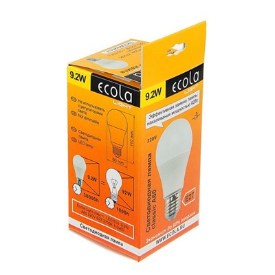 Лампа светодиодная Ecola Light classic, Е27, А60, 9.2 Вт, 2700 К, 110x60 мм