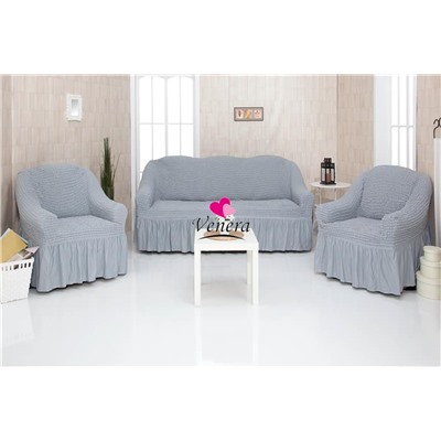 Комплект чехлов на трехместный диван и 2 кресла с оборкой серый 216, Характеристики