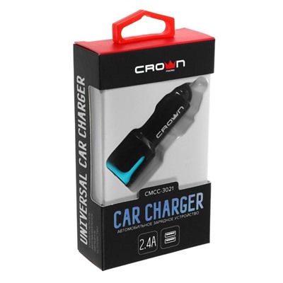 Автомобильное зарядное устройство Crown CMCC-3021, 2 USB, 1 А + 1х2.4 А, чёрное