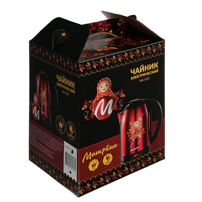 Чайник электрический "Матрёна" MA-005, металл, 2 л, 1500 Вт, красный с рисунком "Хохлома"