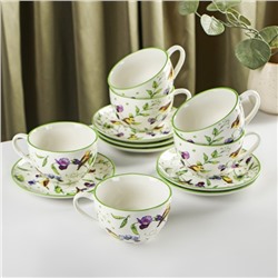 Сервиз чайный Доляна «Зелёный сад», 12 предметов: 6 чашек 220 мл, 6 блюдец d=13 см