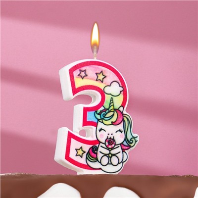 Свеча в торт "Единорог с шариком", цифра 3, розовый