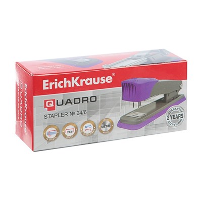 Степлер ErichKrause Quadro Half-strip, № 24/6, до 30 листов, антистеплер, серо-фиолетовый