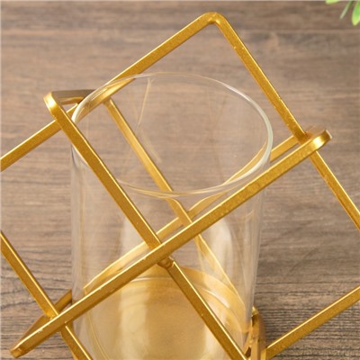 Подсвечник металл, стекло на 1 свечу "Куб" золото 16х19х19 см