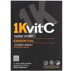 1Kvit-C, Essential, витамин C, шипучая смесь для напитка, натуральный апельсиновый вкус, 1000 мг, 3 пакетика по 6,90 г (0,24 унции)