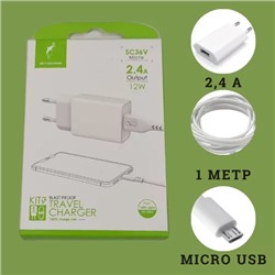 Комплект СЗУ с кабелем MICRO USB SKYDOLPHIN SC36V на 1 вход 2,4 А 12V длина кабеля 1 метр цвет белый