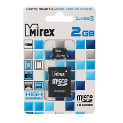 Карта памяти Mirex microSD, 2 Гб, с адаптером, SDHC, класс 4