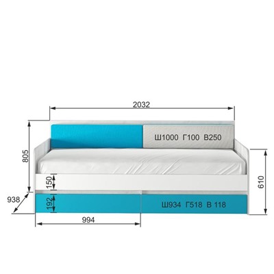 Кровать-тахта с подушками «Бриз №900.4», 2000 × 900 мм, цвет дуб эльза / бирюза