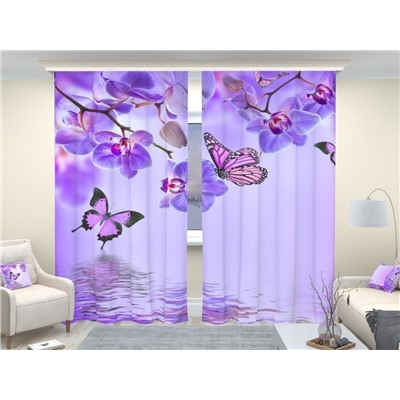 Фотошторы люкс Бабочки у воды с орхидеями