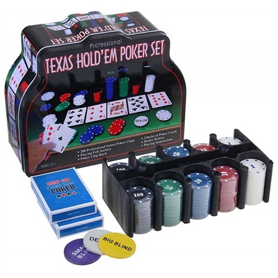 Набор "Покер" в мет.банке (200 фишек 4 гр.,2 колоды карт,сукно) арт.1897/BR5018