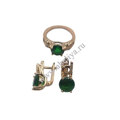 Набор серьги с кольцом циркон зеленый позолоченный