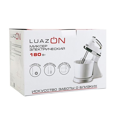Миксер LuazON LMR-04, 180 Вт, 7 скор., венчик и крюки д/теста, чаша, бело-серый